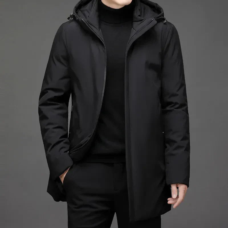 Men's longline hooded jacket with long sleeves and zip front