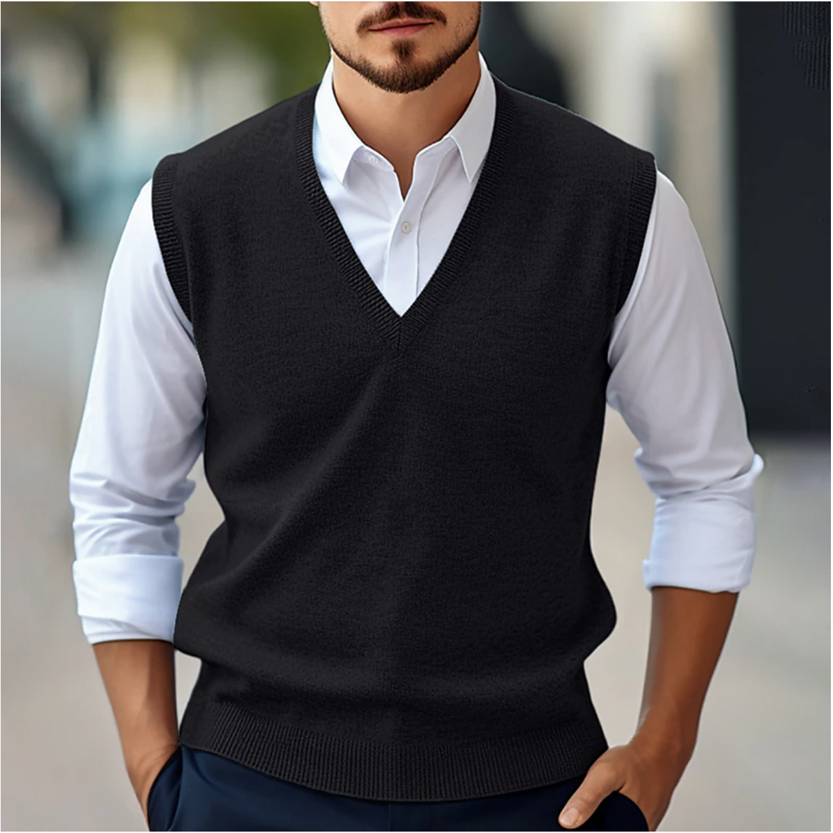 Men's sleeveless knitted V-neck sweater vest layered over a white shirt