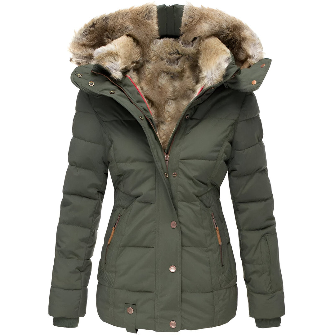 Women's quilted hooded jacket with fur-trimmed hood and zipped pockets