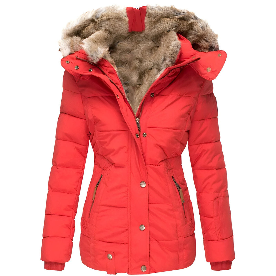 Women's quilted hooded jacket with fur-trimmed hood and zipped pockets