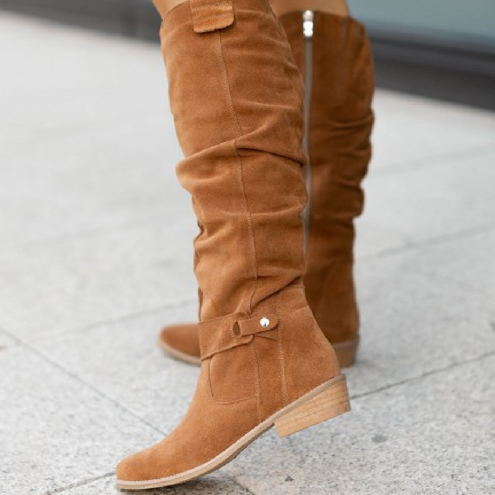 Women's high slouch boots with low heels, side zips and buckle details