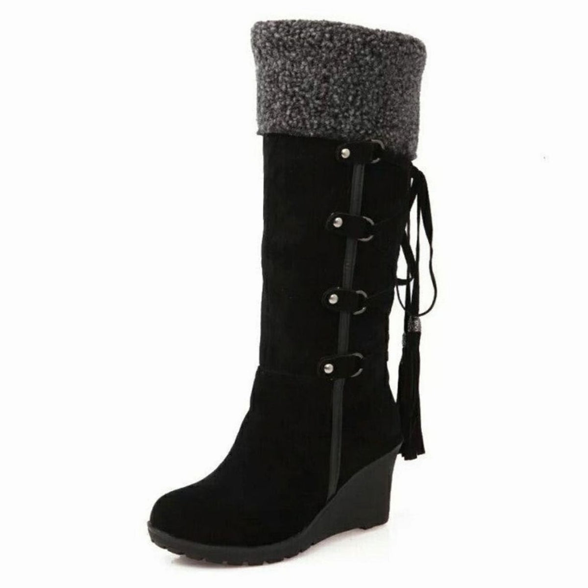 Women's knee-high wedge boots with textured trim, buckle straps and tassel detail
