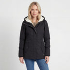 Women's hooded padded jacket with long sleeves, fleece-lined hood and front zip
