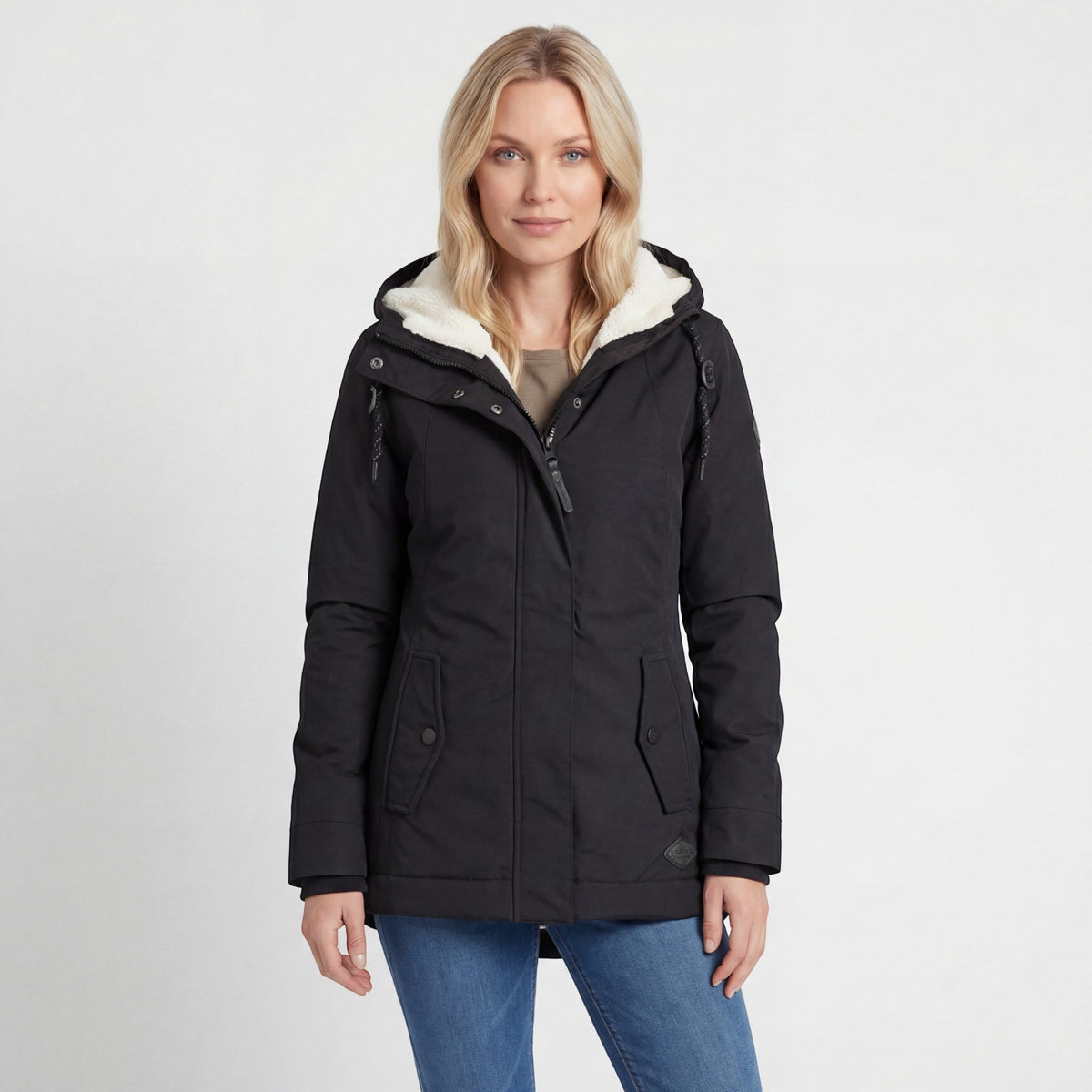 Women's hooded padded jacket with long sleeves, fleece-lined hood and front zip