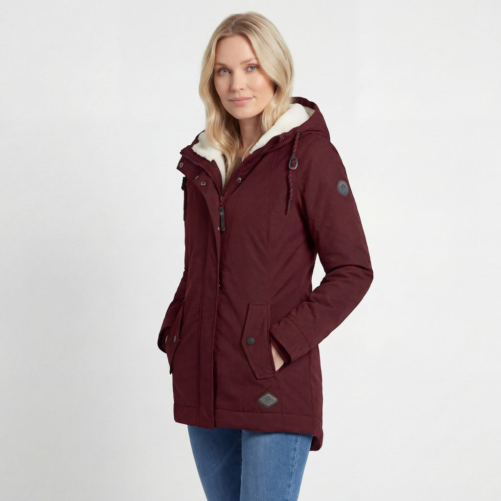 Women's hooded padded jacket with long sleeves, fleece-lined hood and front zip