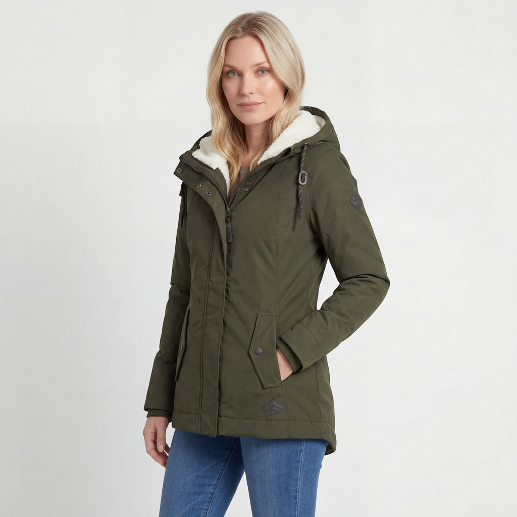 Women's hooded padded jacket with long sleeves, fleece-lined hood and front zip