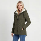 Women's hooded padded jacket with long sleeves, fleece-lined hood and front zip