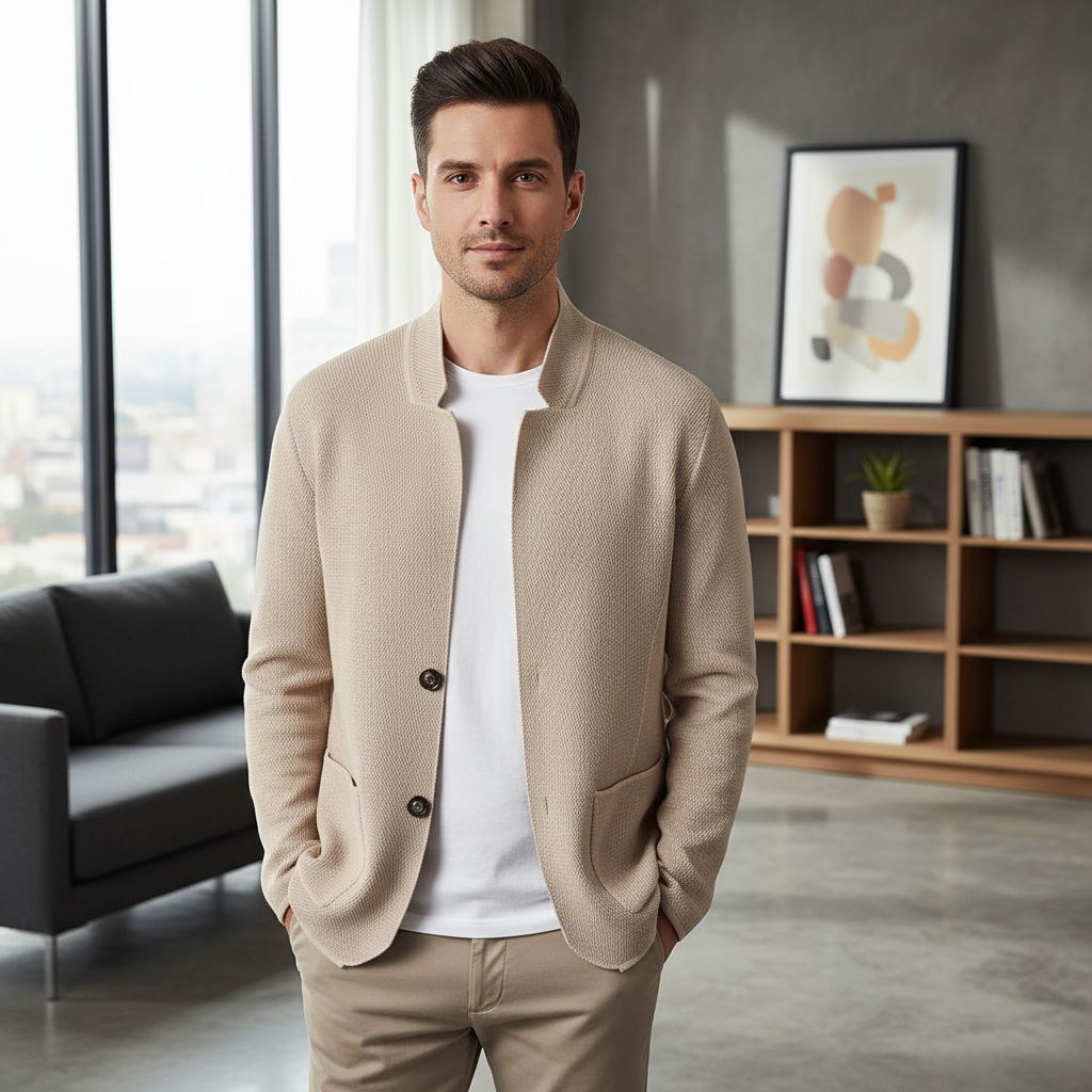 Men's textured cardigan with stand collar, button front and two patch pockets