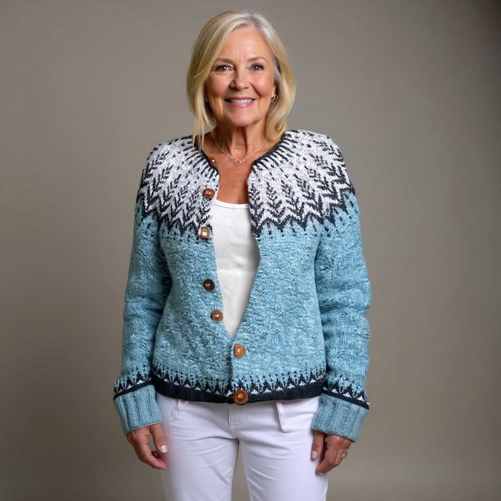 Women's blue cardigan with contrasting geometric pattern and button front
