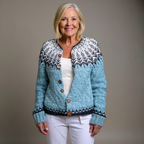 Women's blue cardigan with contrasting geometric pattern and button front