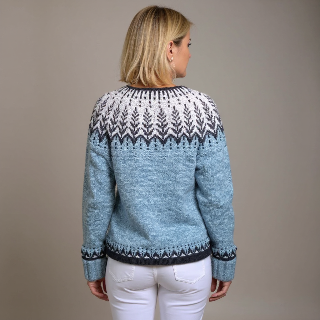Women's blue cardigan with contrasting geometric pattern and button front