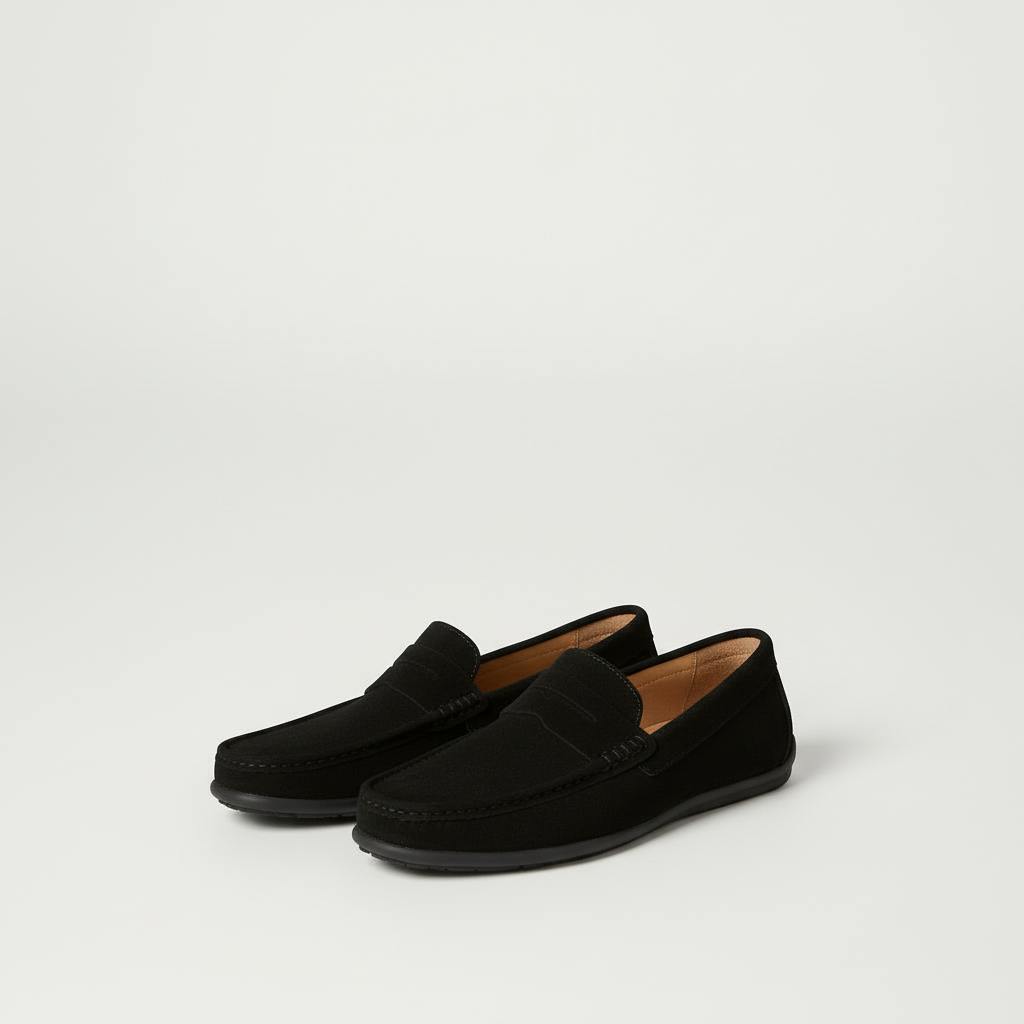 Textured men's moc toe loafers with penny strap and black soles