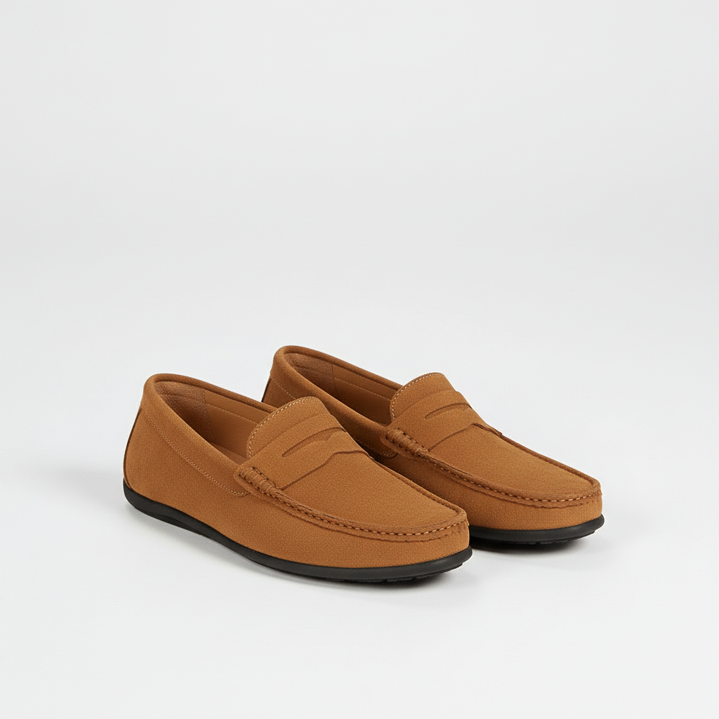 Textured men's moc toe loafers with penny strap and black soles