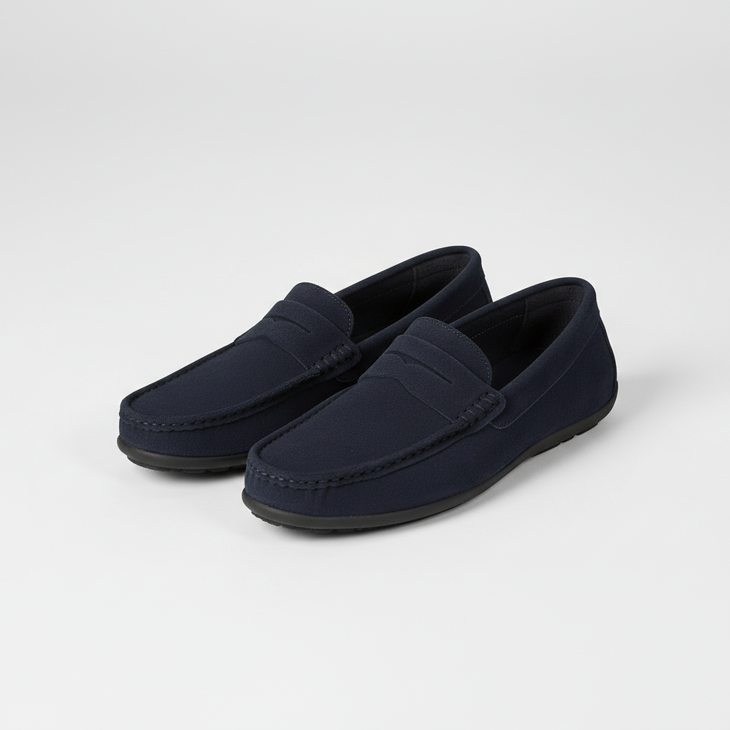 Textured men's moc toe loafers with penny strap and black soles