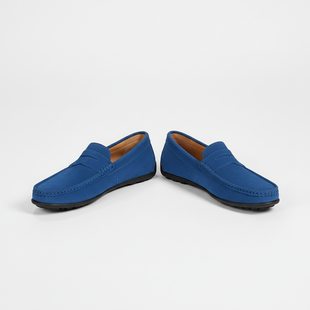 Textured men's moc toe loafers with penny strap and black soles