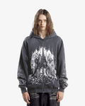 Black zip hoodie with hood and large monochrome cathedral graphic