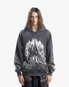 Black zip hoodie with hood and large monochrome cathedral graphic