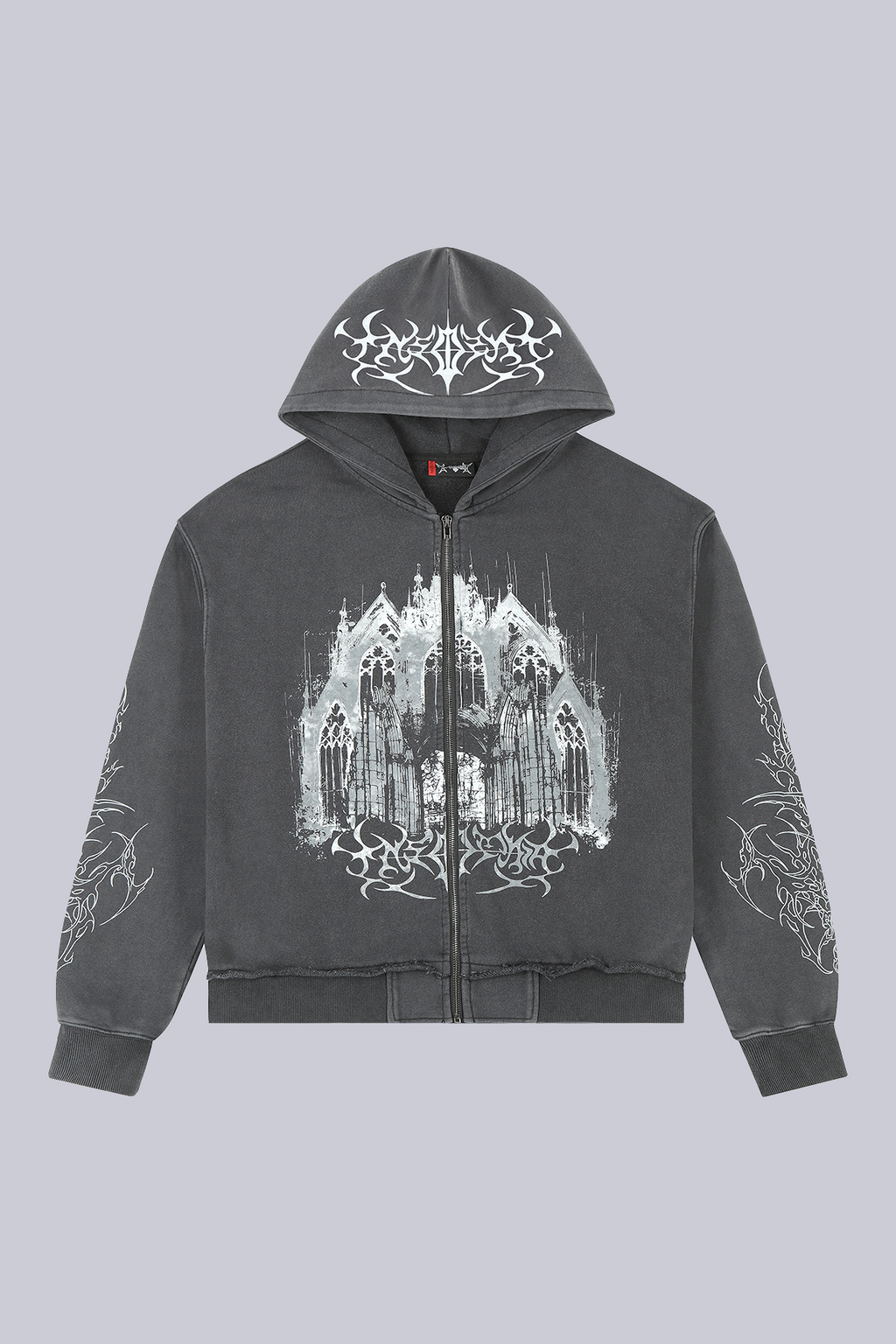 Black zip hoodie with hood and large monochrome cathedral graphic