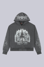 Black zip hoodie with hood and large monochrome cathedral graphic