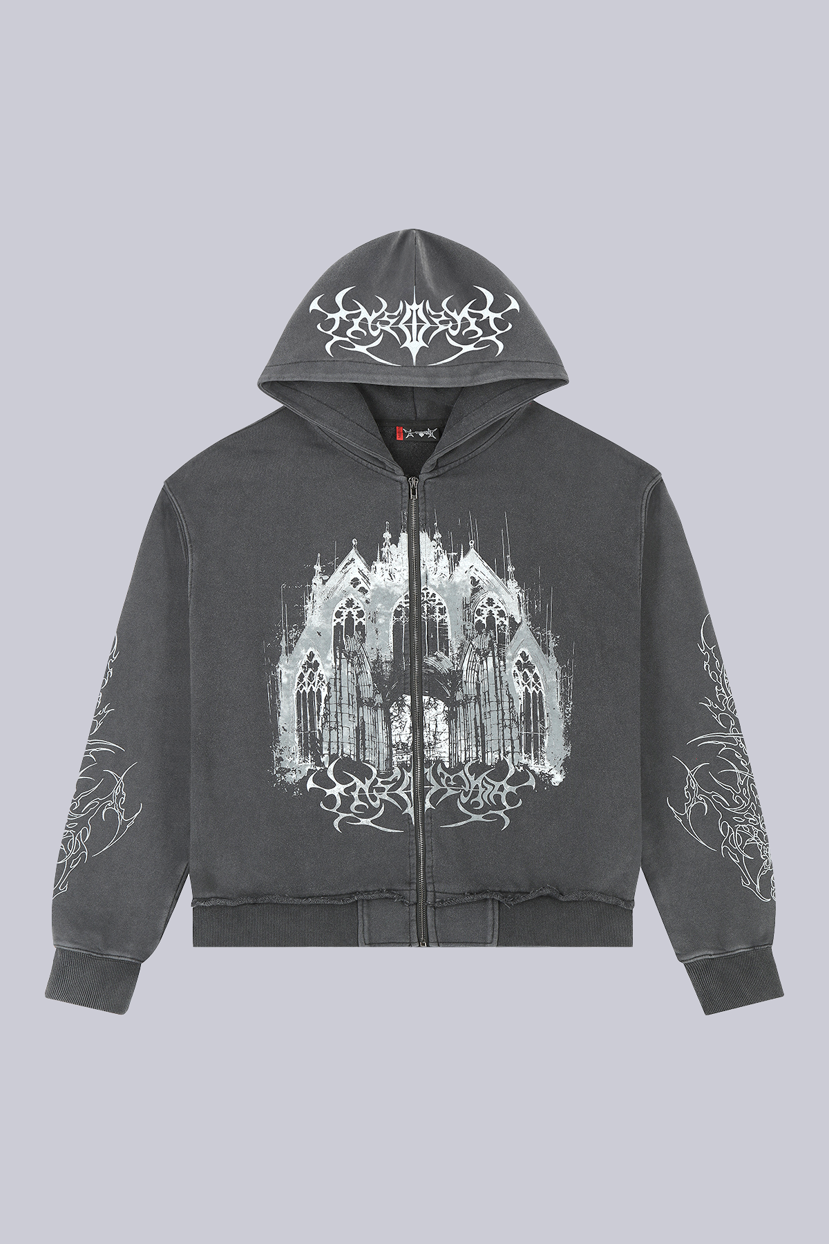 Black zip hoodie with hood and large monochrome cathedral graphic