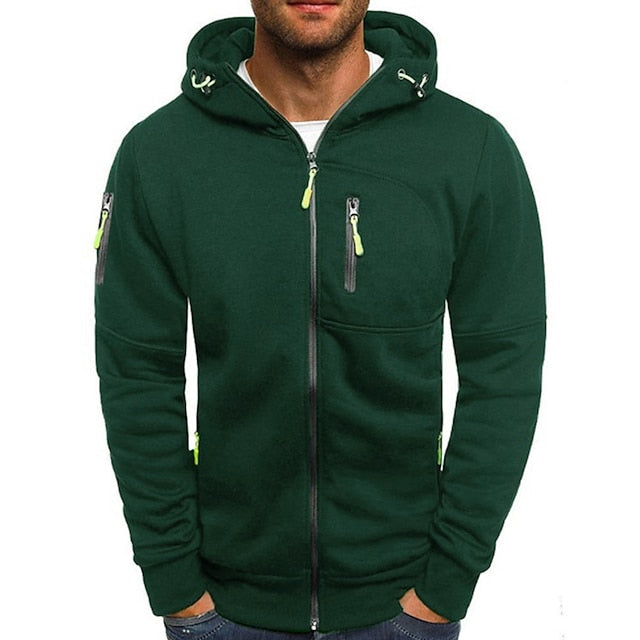 Men's hooded zip-up hoodie with multiple pockets and long sleeves