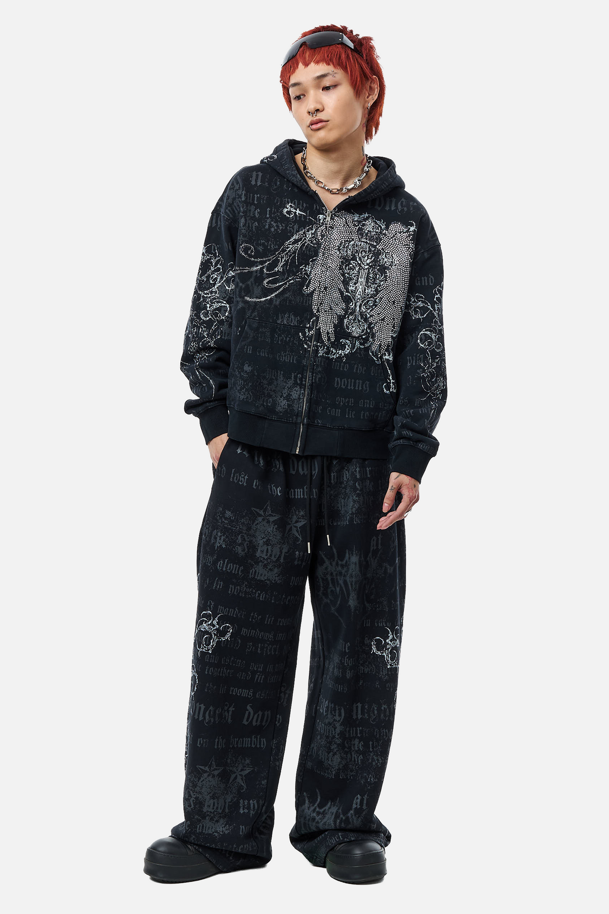 Men's black zip hoodie with hood and gothic text and graphic print