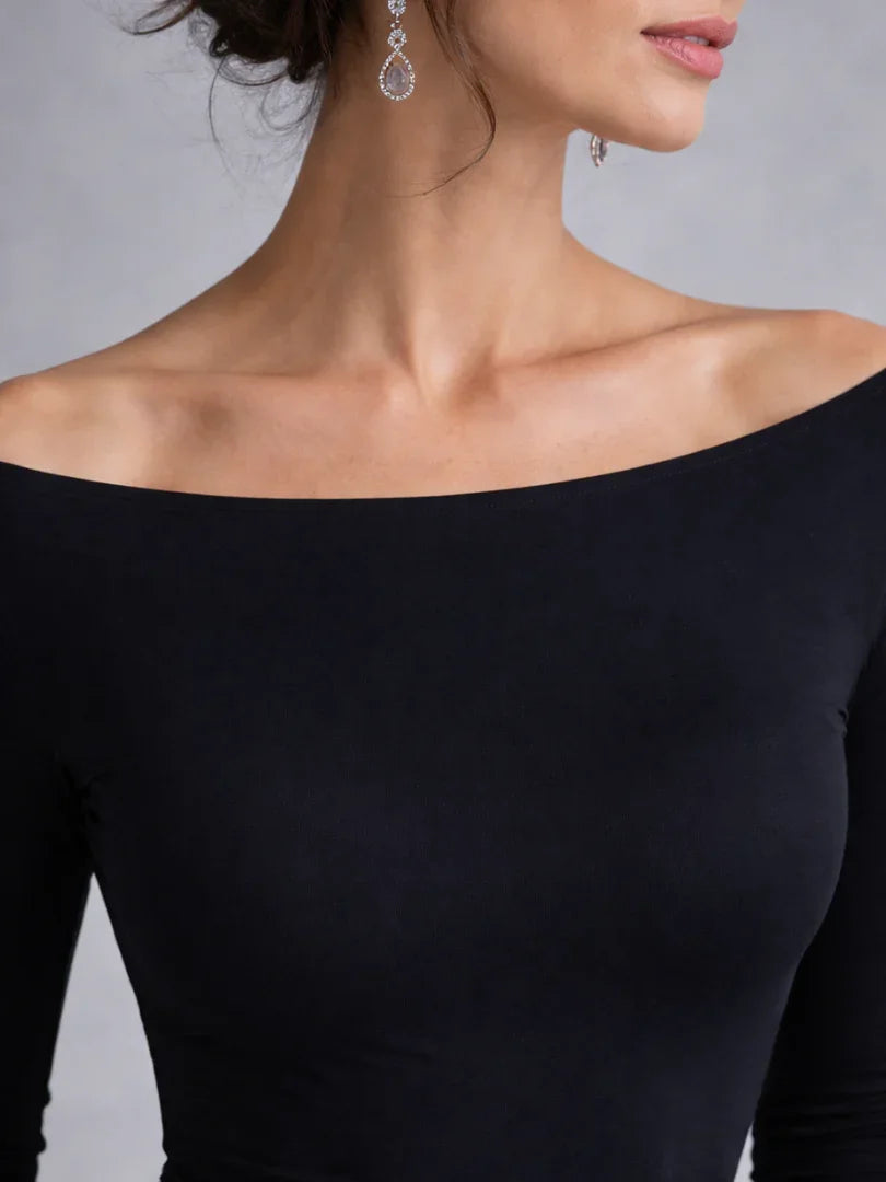 Women's black long-sleeve draped maxi dress with Bardot neckline
