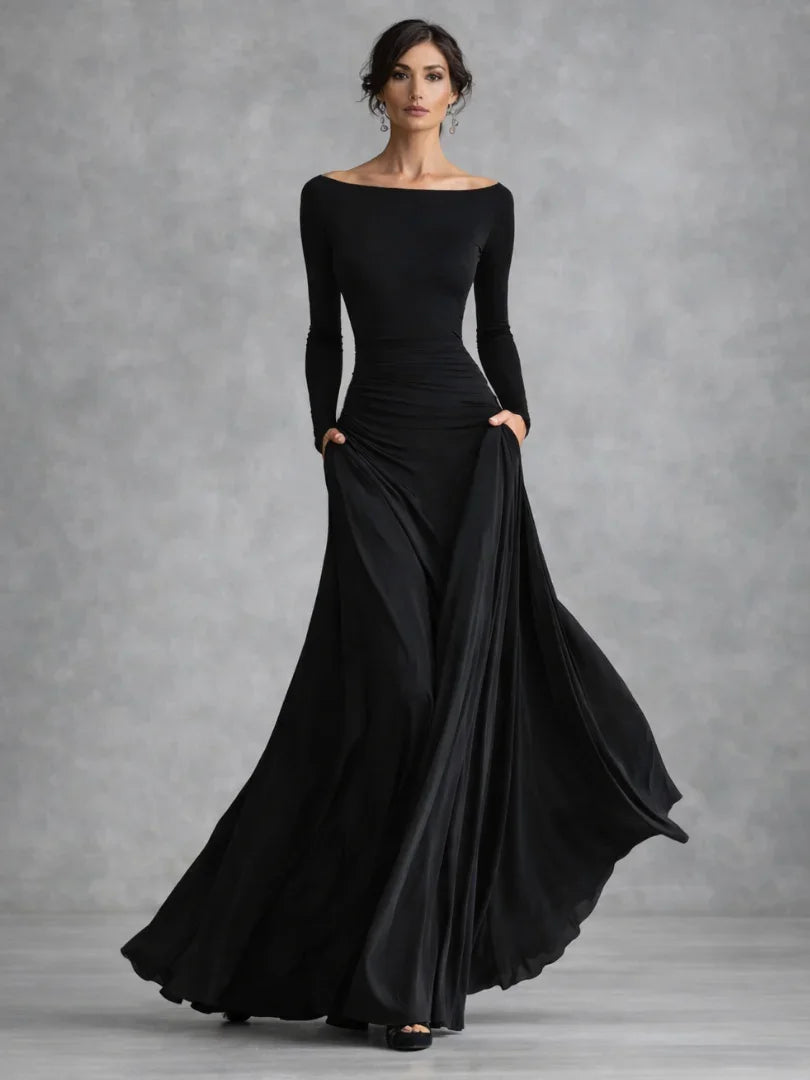 Women's black long-sleeve draped maxi dress with Bardot neckline
