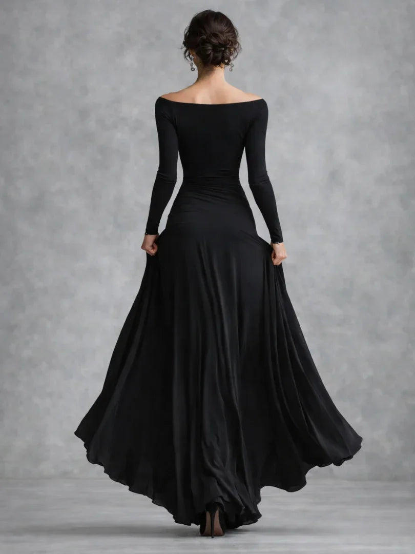 Women's black long-sleeve draped maxi dress with Bardot neckline