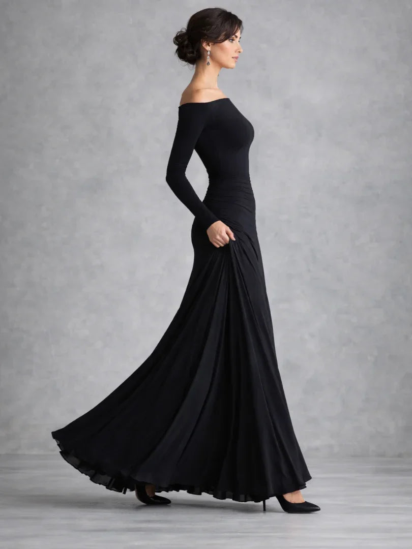 Women's black long-sleeve draped maxi dress with Bardot neckline
