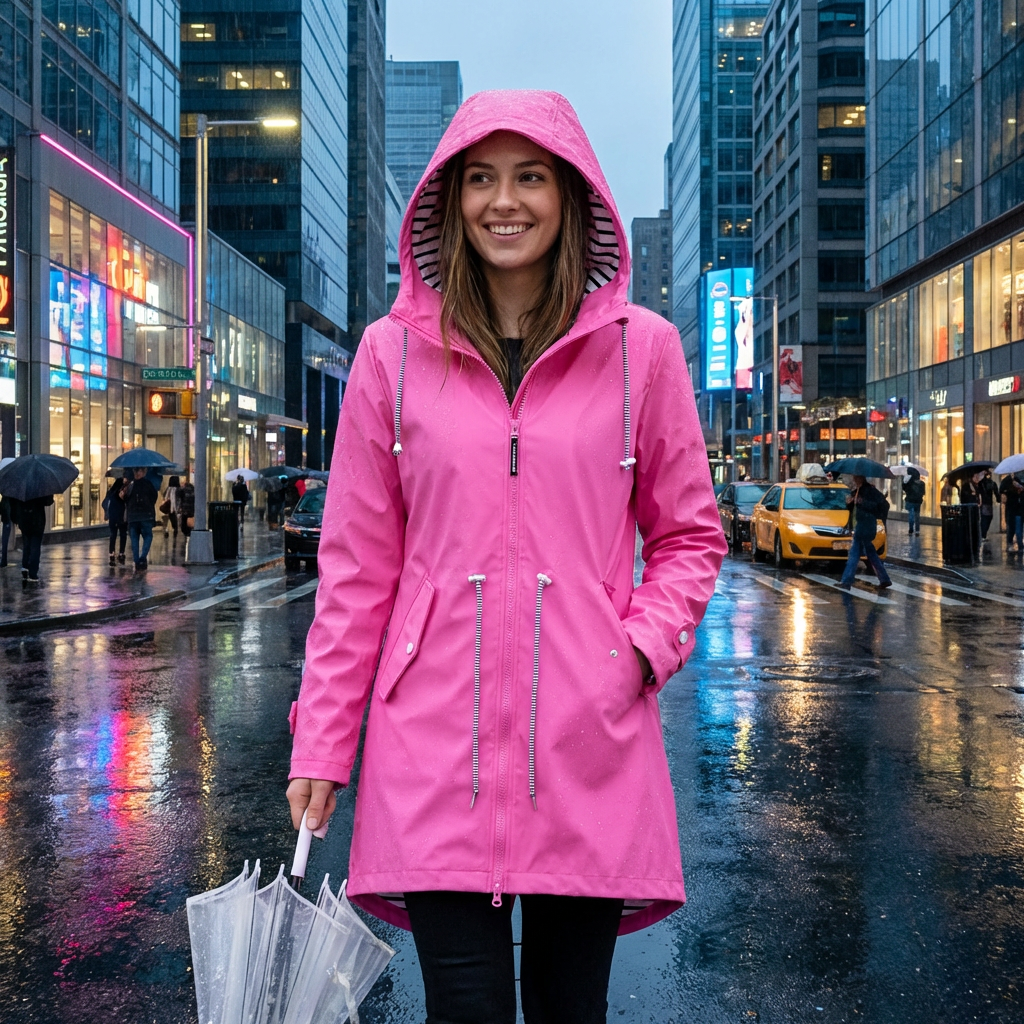 Women's long hooded rain jacket with zip pockets and striped hood lining