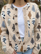 Women's beige cardigan with an all-over cat pattern and button front
