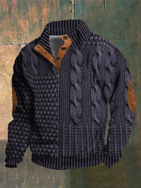 Men's textured cable knit sweater with mock neck and quarter zip