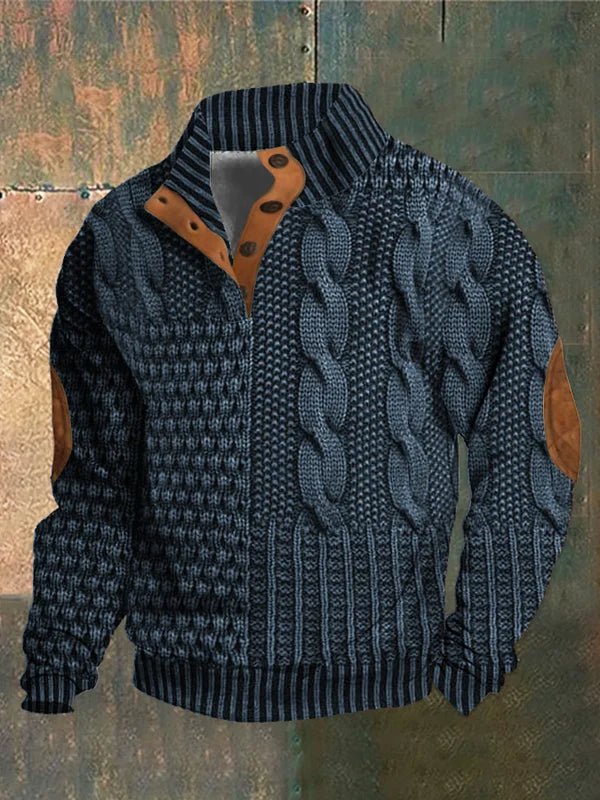 Men's textured cable knit sweater with mock neck and quarter zip
