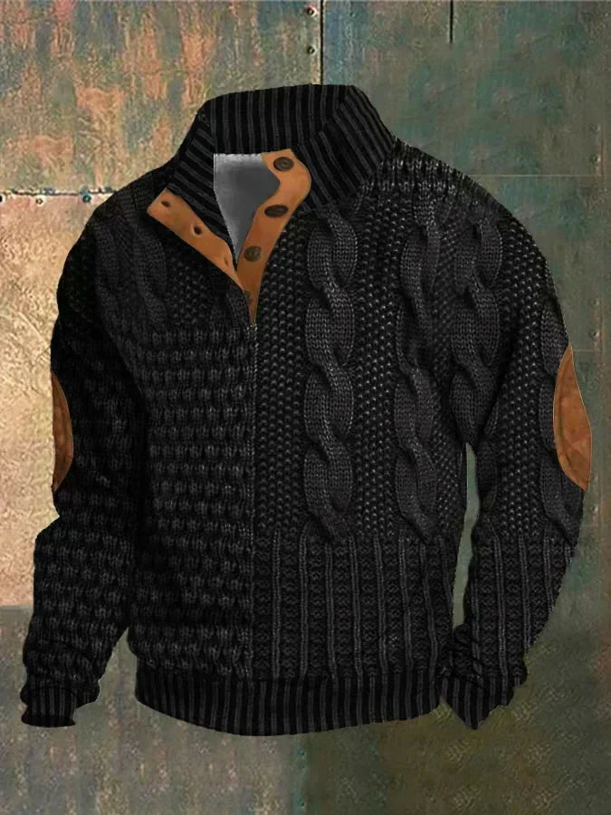 Men's textured cable knit sweater with mock neck and quarter zip