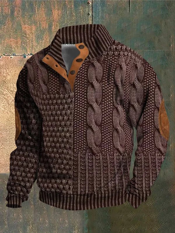 Men's textured cable knit sweater with mock neck and quarter zip