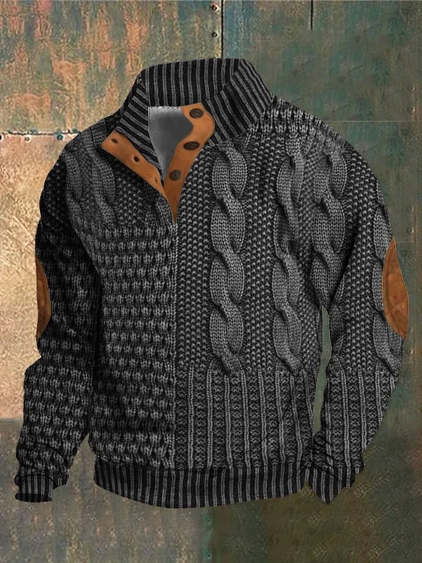Men's textured cable knit sweater with mock neck and quarter zip