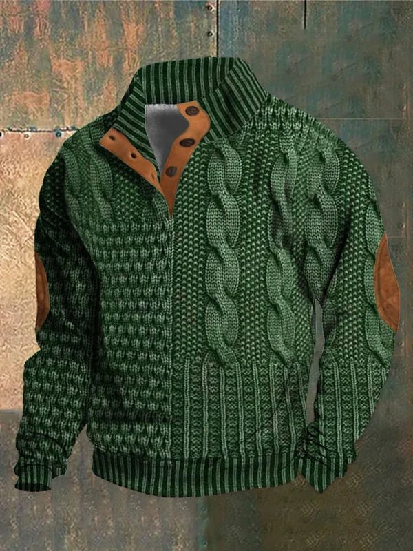 Men's textured cable knit sweater with mock neck and quarter zip
