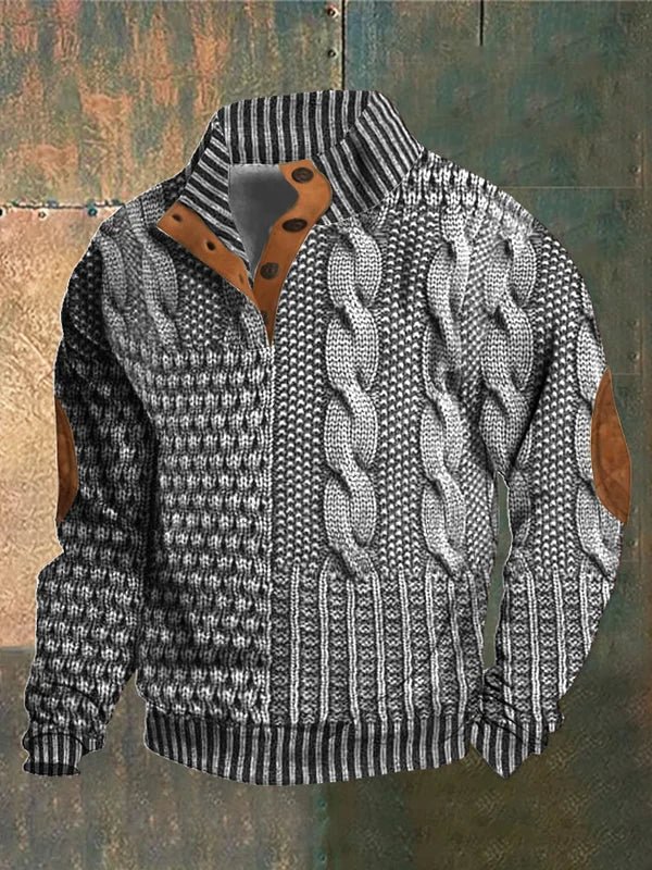 Men's textured cable knit sweater with mock neck and quarter zip