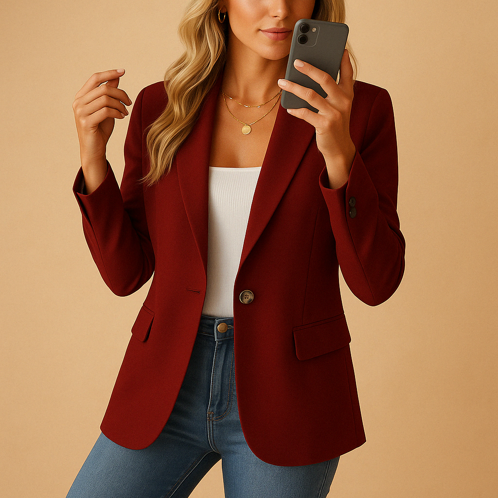 Women's tailored blazer jacket with notched lapels, long sleeves and front flap pockets