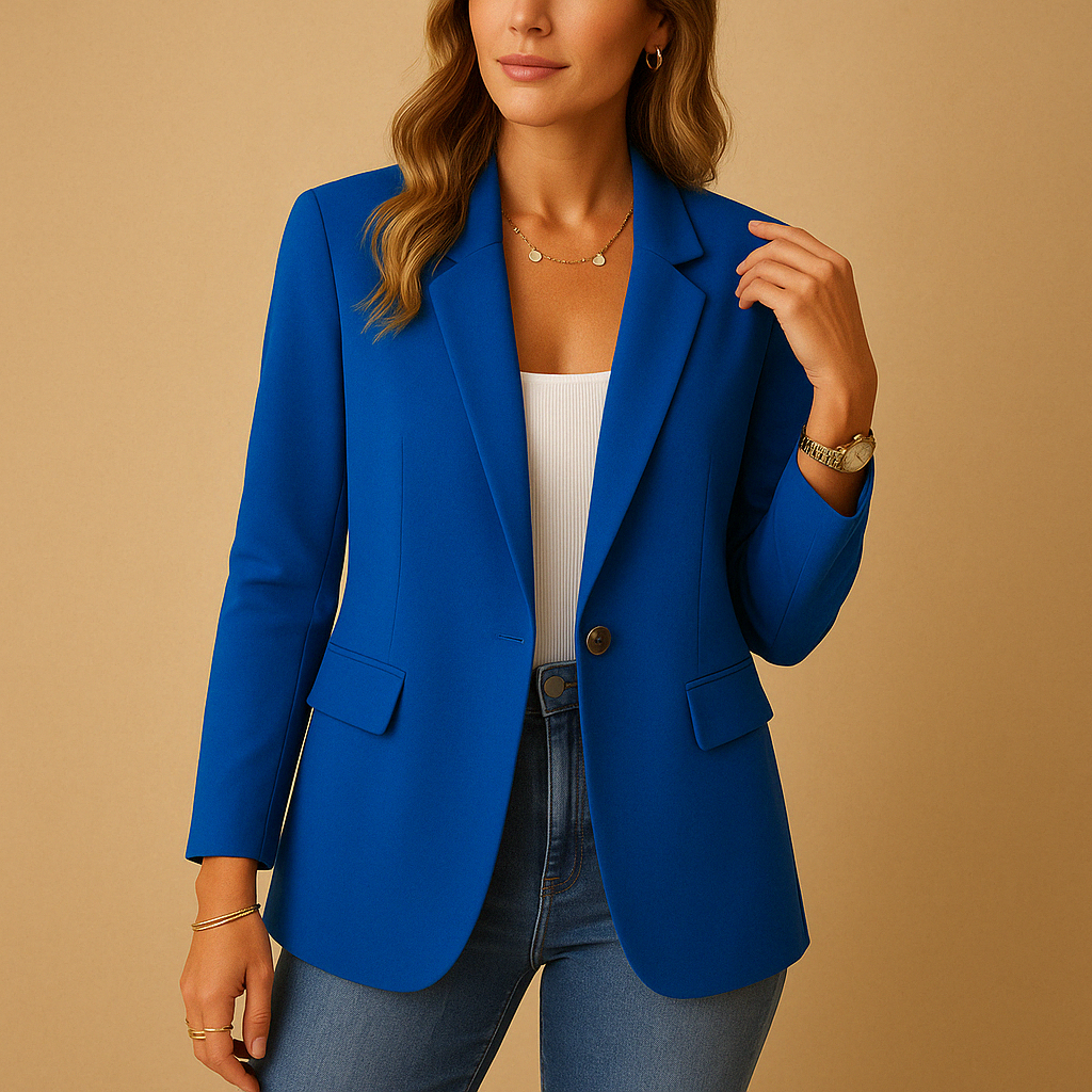 Women's tailored blazer jacket with notched lapels, long sleeves and front flap pockets