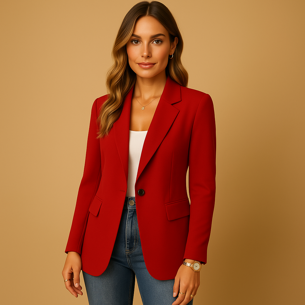 Women's tailored blazer jacket with notched lapels, long sleeves and front flap pockets