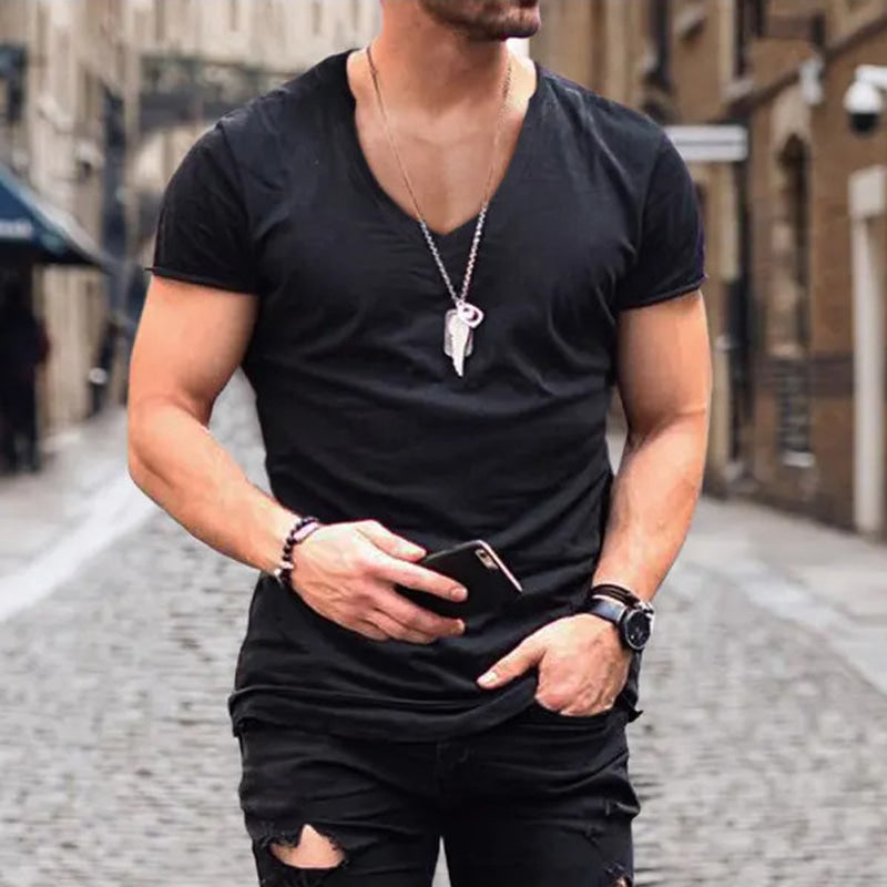 Men's plain deep V-neck T-shirt with short sleeves and slim fit
