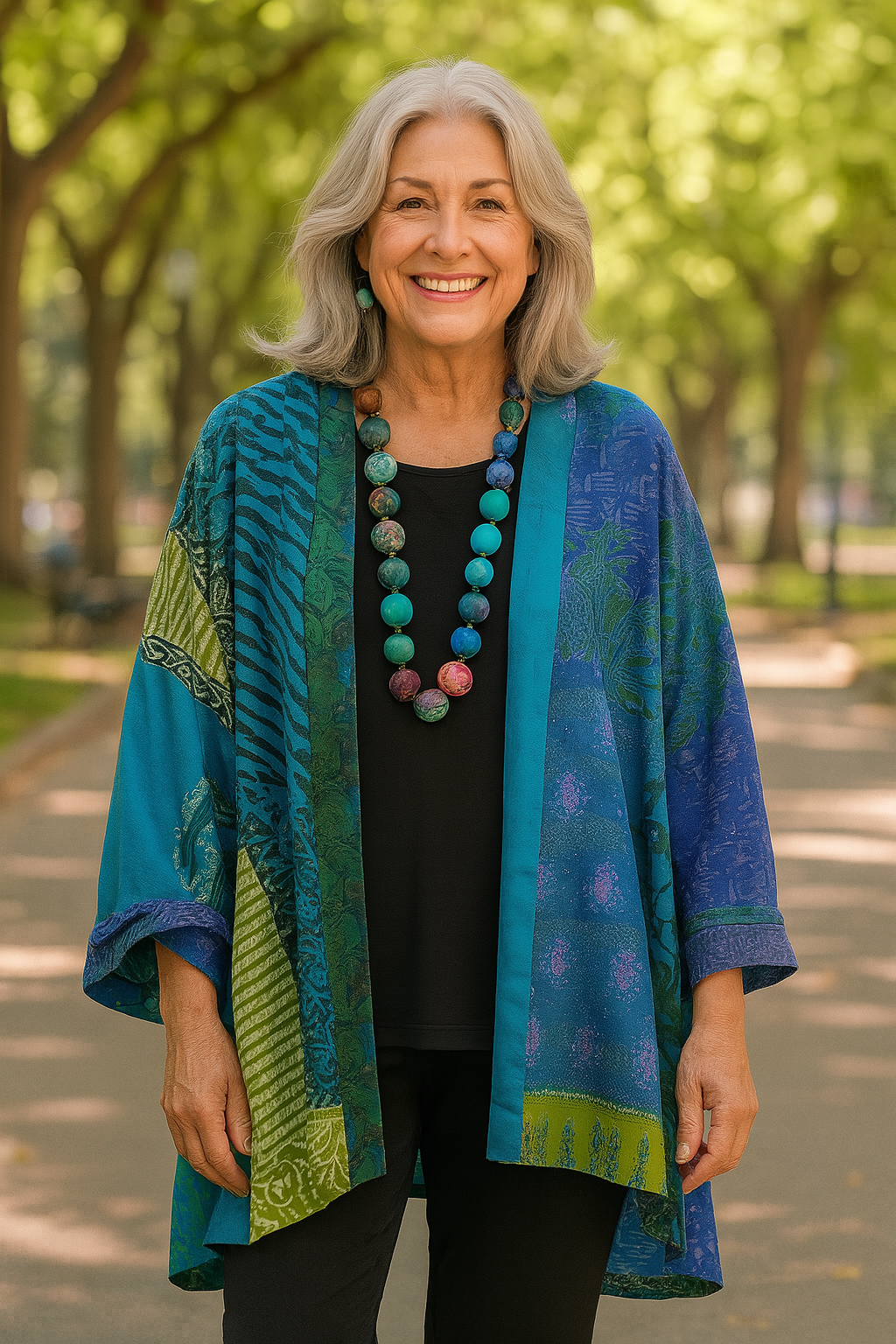 Women's multicoloured patchwork cardigan jacket with open front and wide 3/4 sleeves