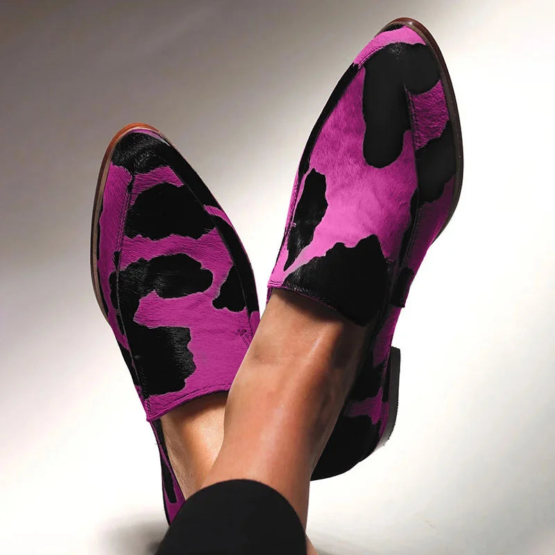 Pointed toe animal print loafers in fuchsia and green colourways