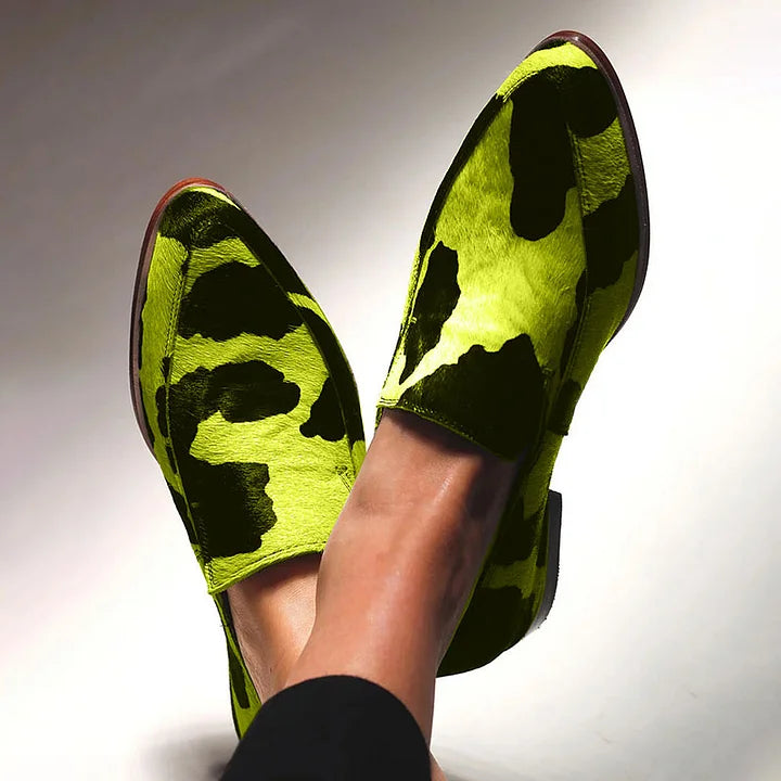 Pointed toe animal print loafers in fuchsia and green colourways