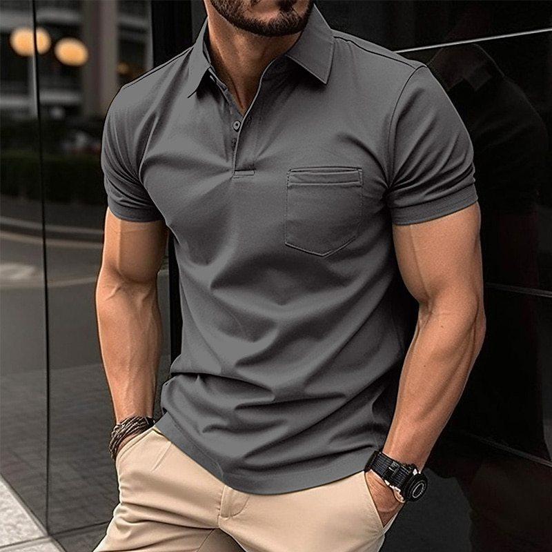 Men's short sleeve polo shirt with pointed collar and chest pocket