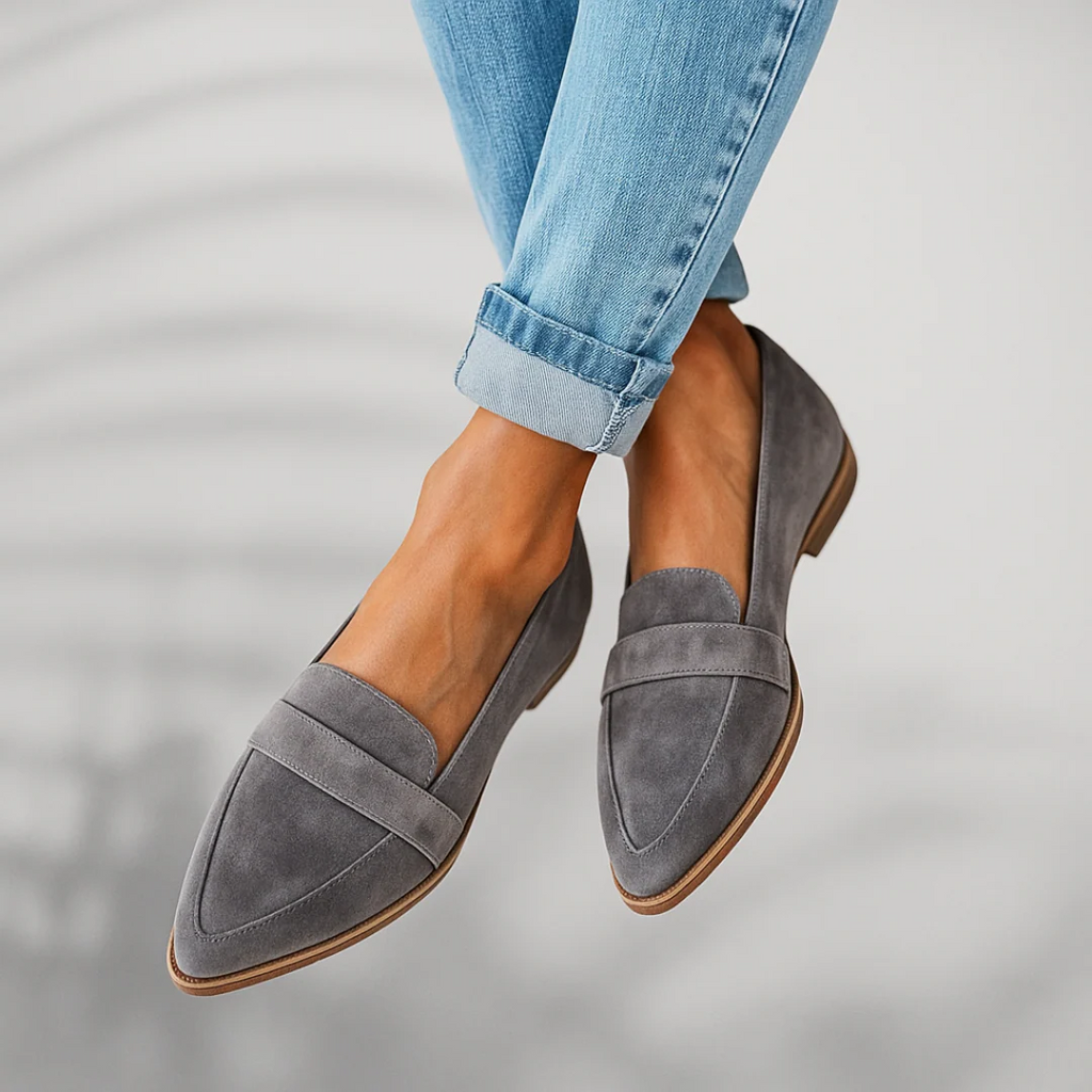 Women's pointed toe loafers with front straps and low heels
