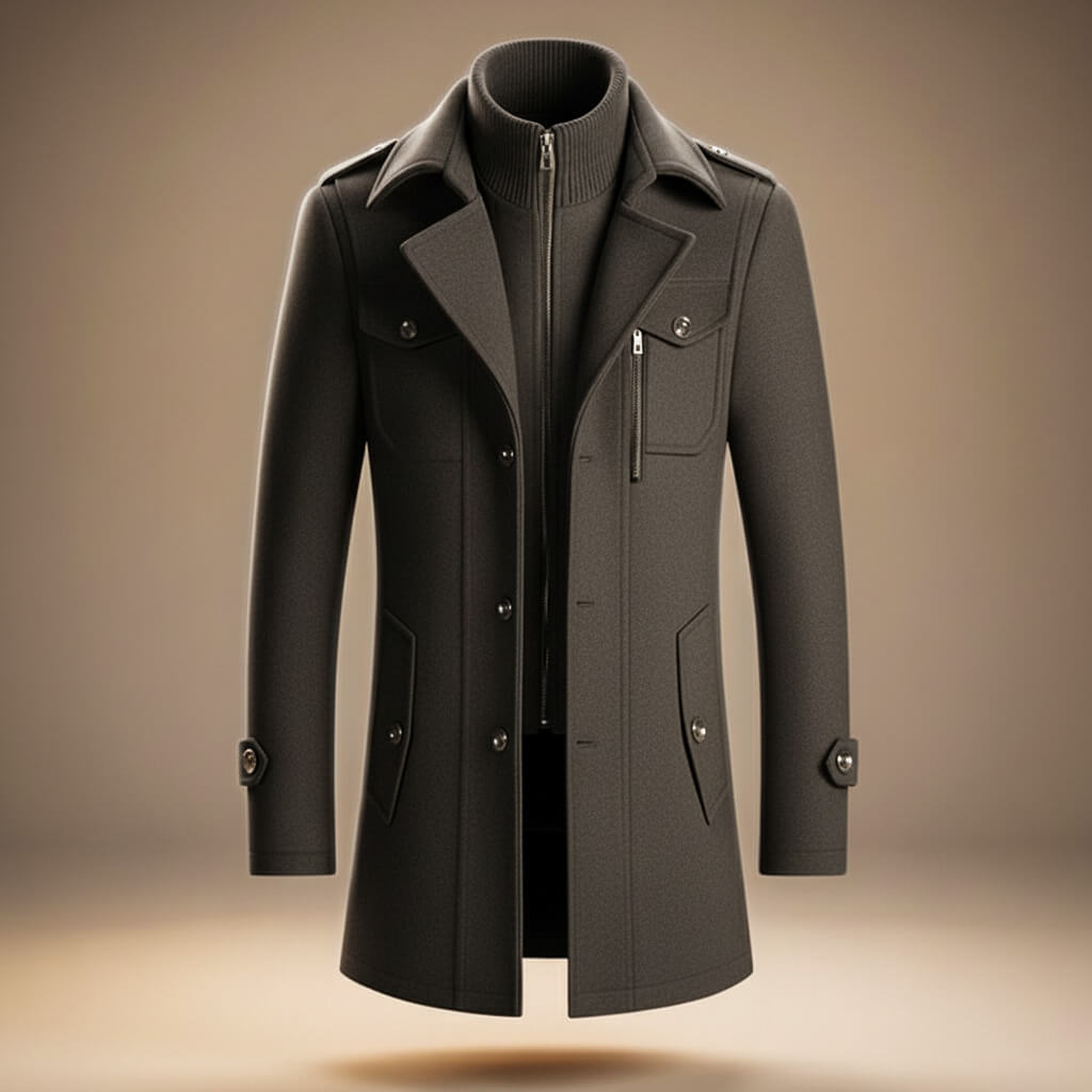 Men's long structured coat with high collar, lapels, buttons and multiple pockets