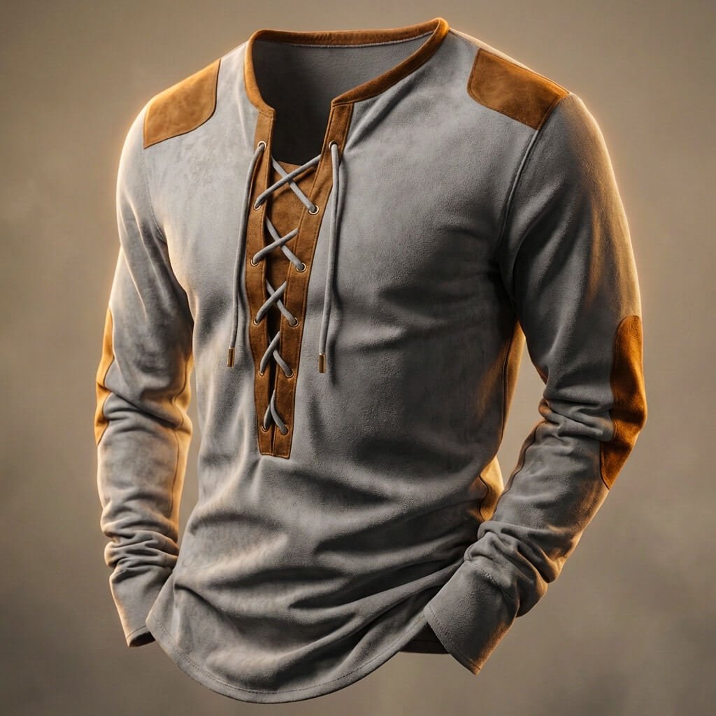 Men's long-sleeve lace-up Henley shirt with contrast shoulder and sleeve panels